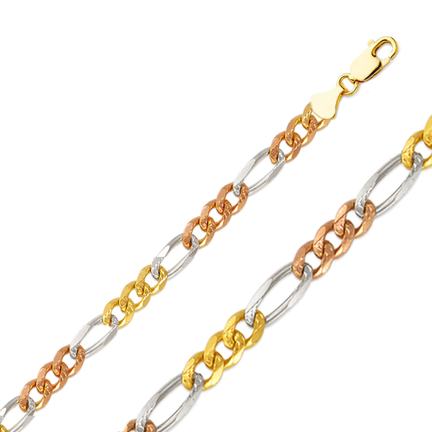14k Gold 6mm Tri-color Figaro Bracelet 8 Inches
